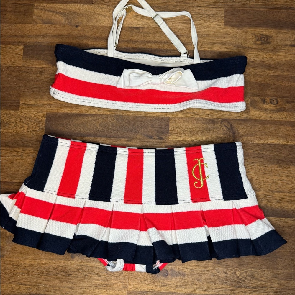 Juicy Couture Red, White, Blue Ruffle Skirt Bikini, Size 12